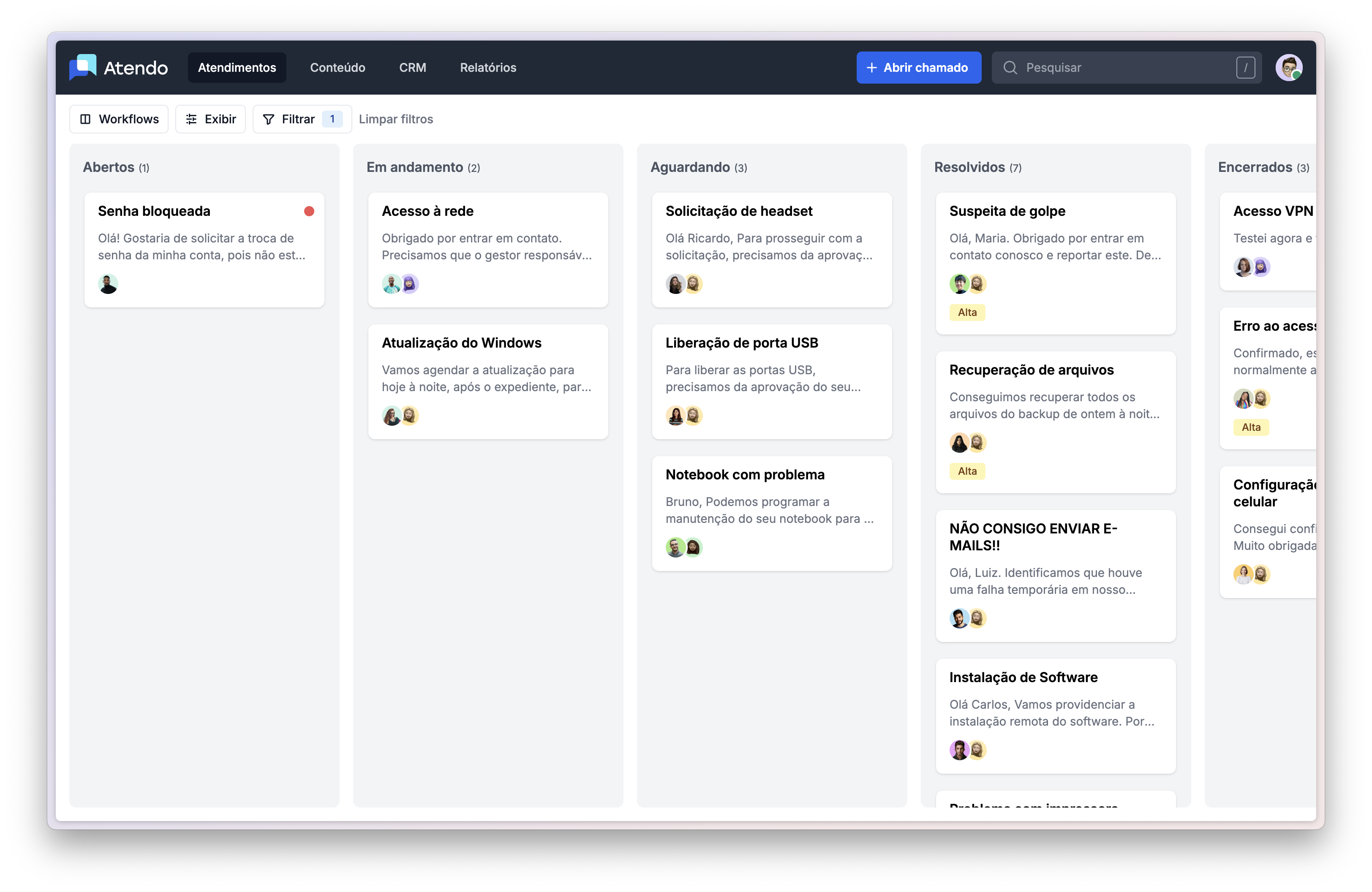 Tela inicial da Atendo, com atendimentos agrupados por status e prioridade
